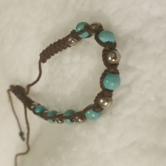 BOHO BRACELET Brown string. Blue and Silver color balls - Picture 2 of 5